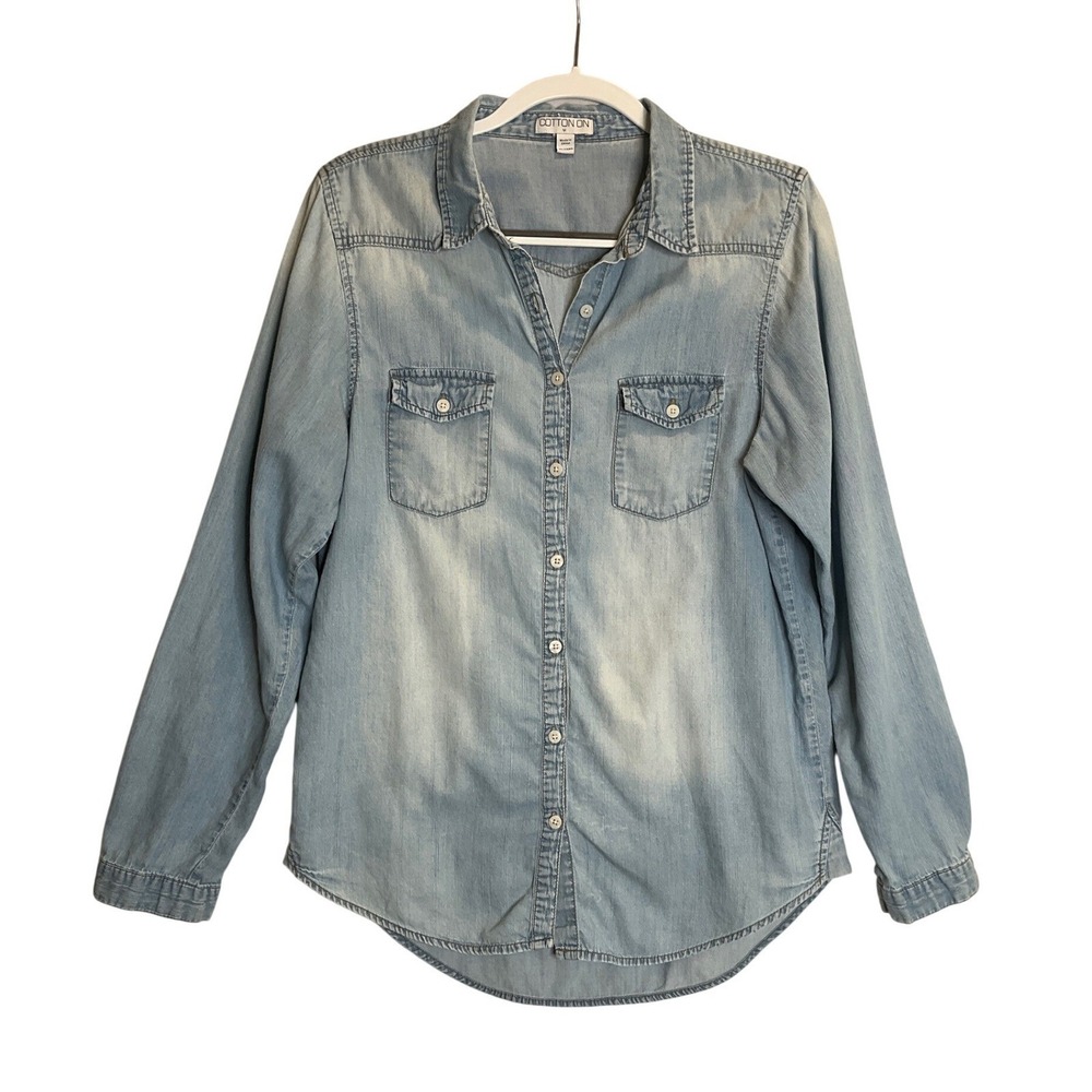 Cotton On Chambray Button Up Shirt Chest Pockets Distressed Western Casual M